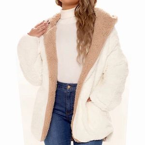 Womens Boutique Double Side Hooded Fleece Wrap Jacket with Pockets Sz Large